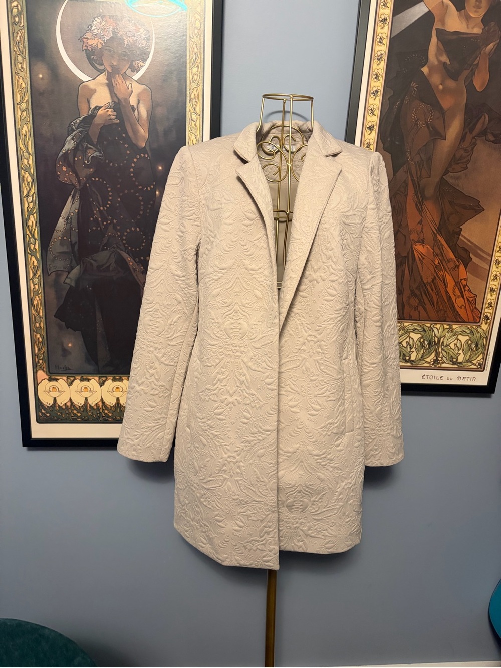 Chico's Cream Embossed Notch-Lapel Pea Coat